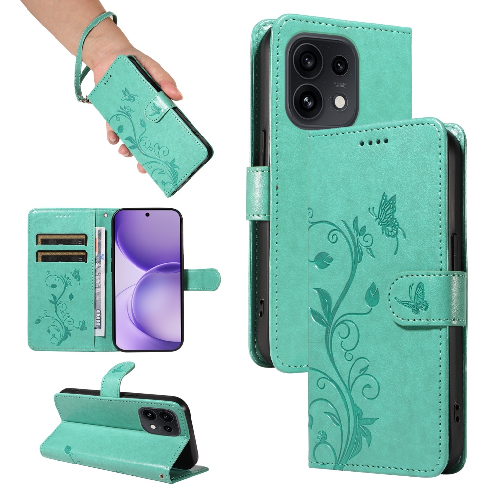 Flowery knížkové pouzdro na Oppo Reno 16 Pro 5G/Oppo Reno 16 5G - modrozelené