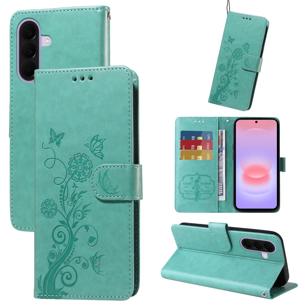 Flowery knížkové pouzdro na Samsung Galaxy A27 - modrozelené