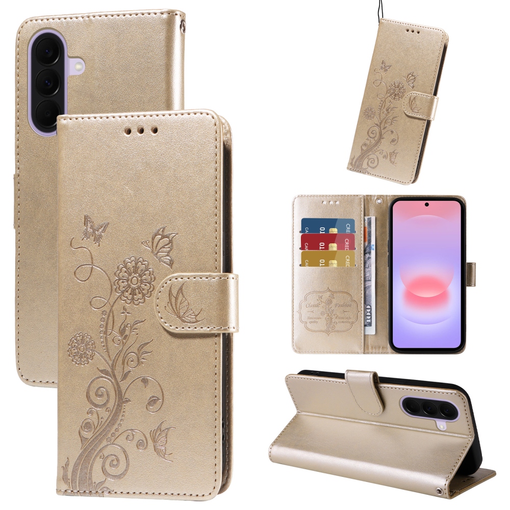 Flowery knížkové pouzdro na Samsung Galaxy A27 - zlaté