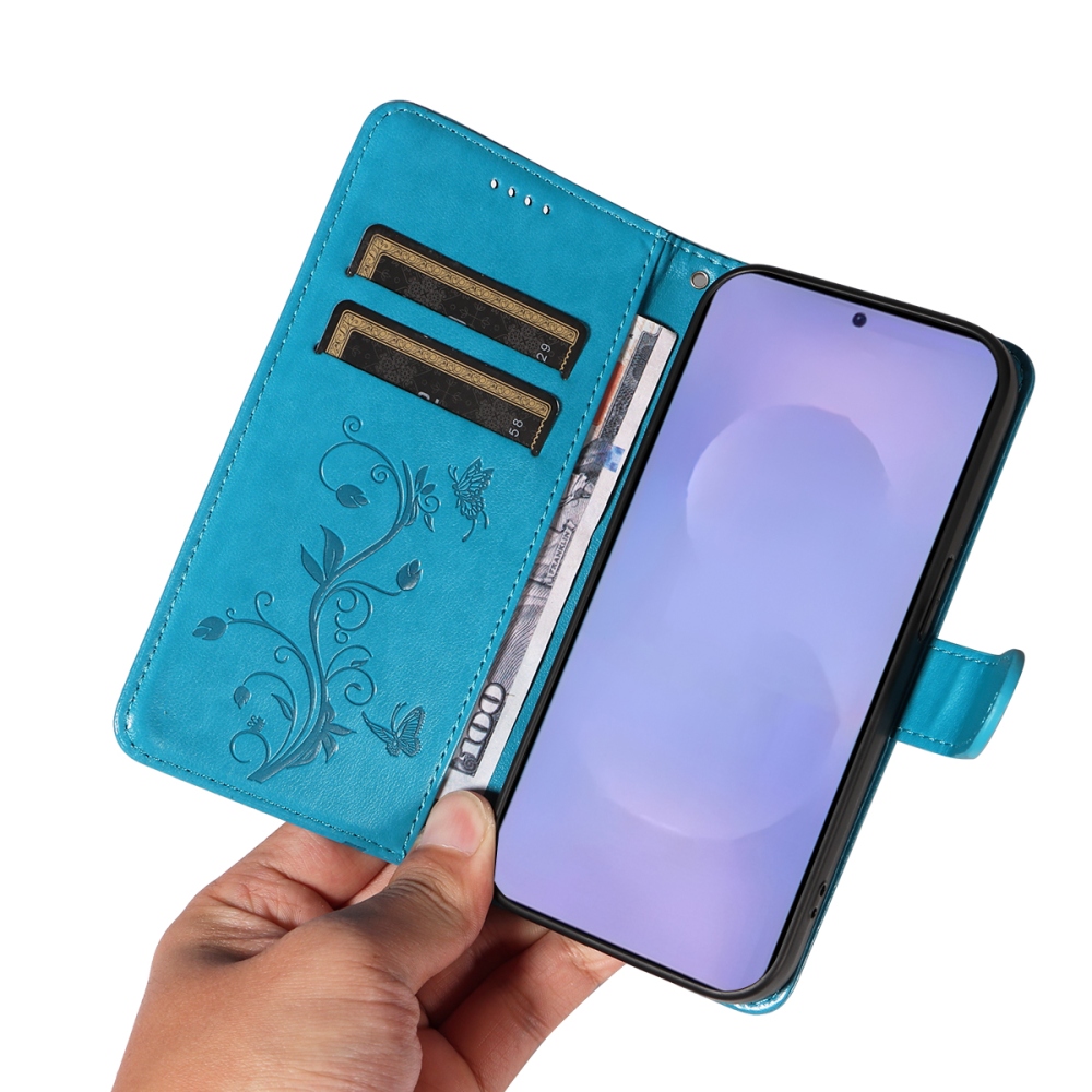 Flowery knížkové pouzdro na Samsung Galaxy S26+ - modré