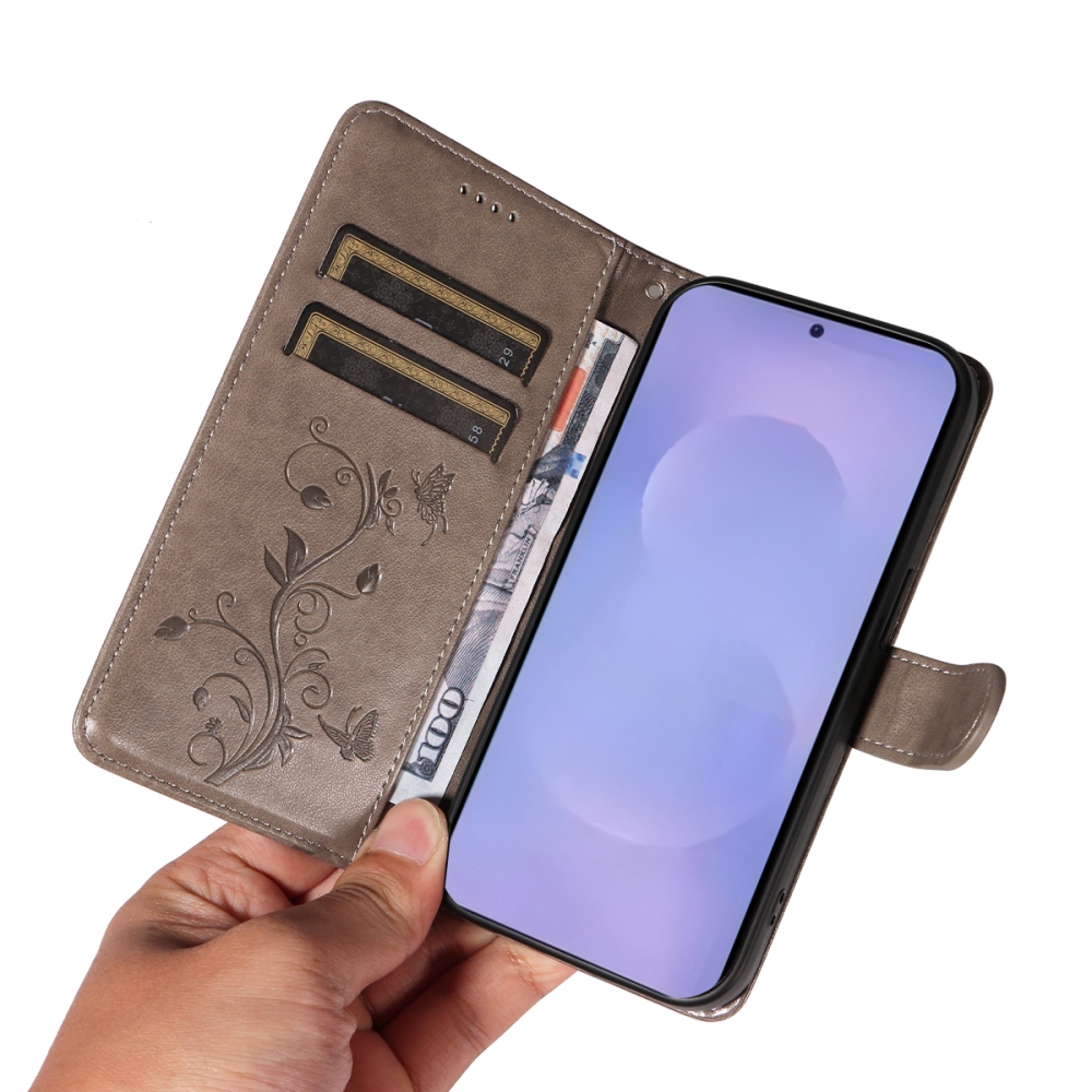 Flowery knížkové pouzdro na Samsung Galaxy S26/S26 Pro - šedé