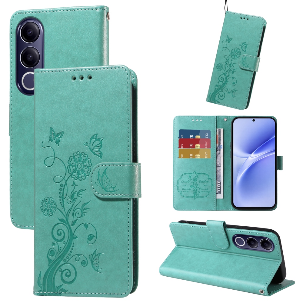Flowery knížkové pouzdro na Vivo V70 FE 5G - modrozelené