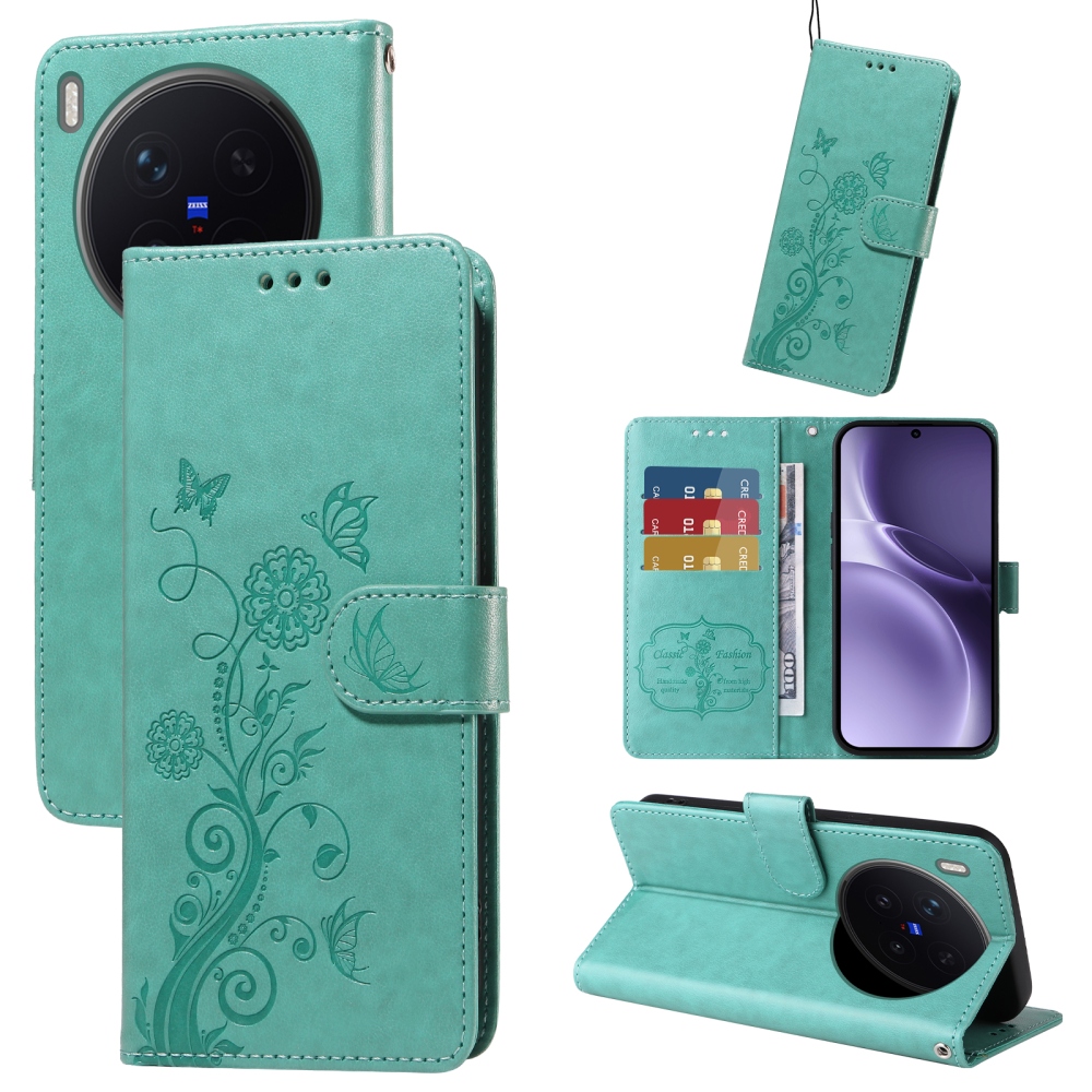 Flowery knížkové pouzdro na Vivo X300 Pro 5G - modrozelené