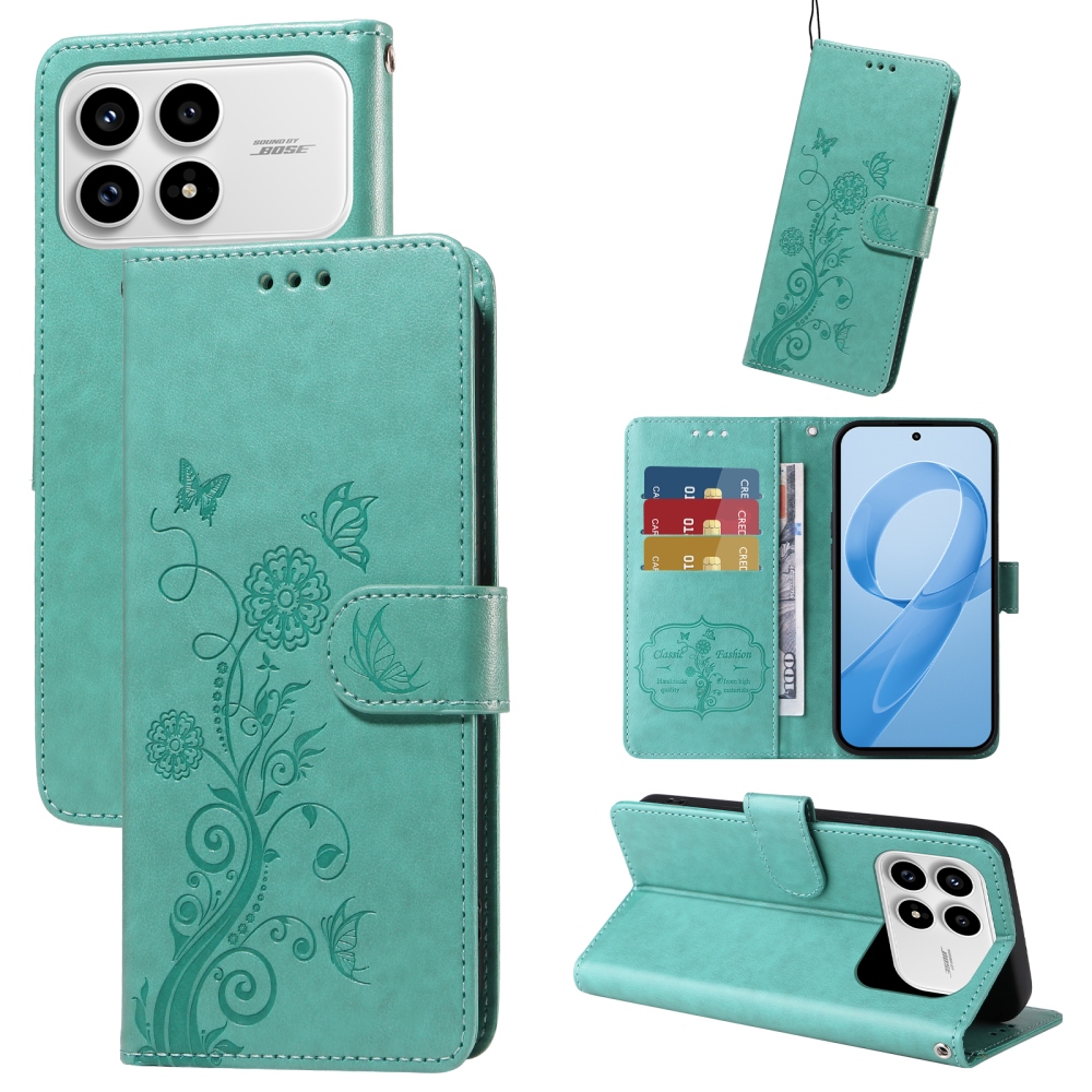 Flowery knížkové pouzdro na Xiaomi Poco F8 Pro 5G - modrozelené