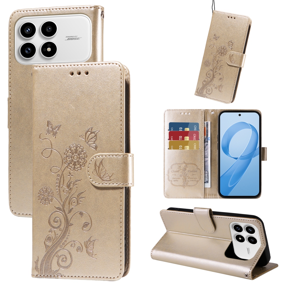 Flowery knížkové pouzdro na Xiaomi Poco F8 Pro 5G - zlaté