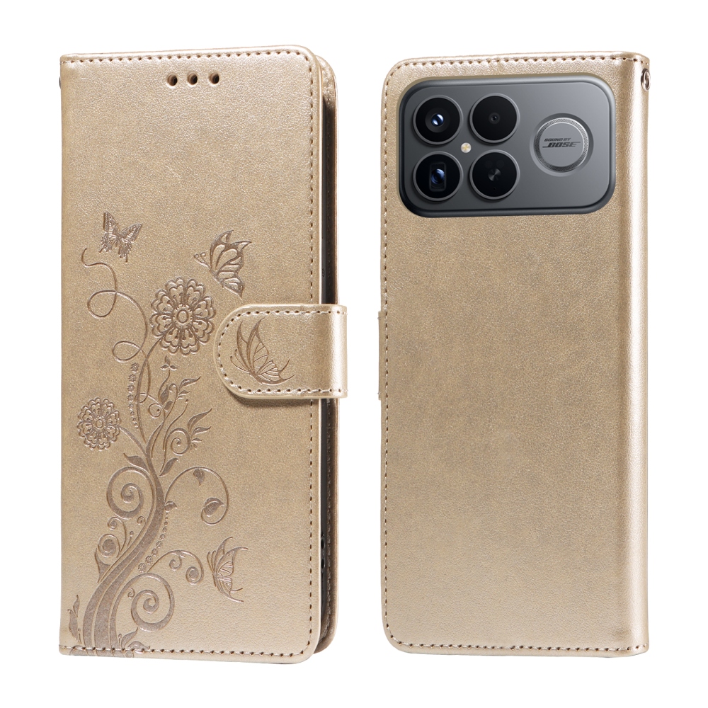 Flowery knížkové pouzdro na Xiaomi Poco F8 Ultra 5G - zlaté