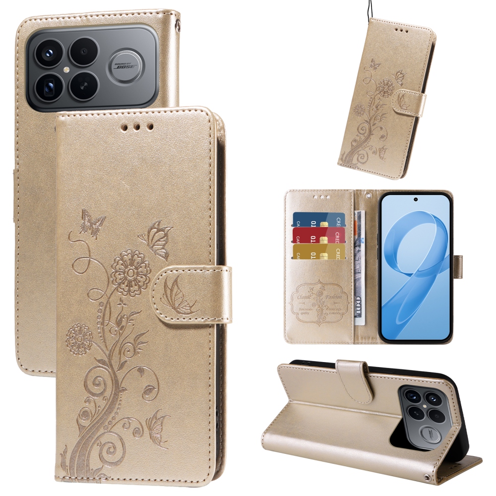 Flowery knížkové pouzdro na Xiaomi Poco F8 Ultra 5G - zlaté