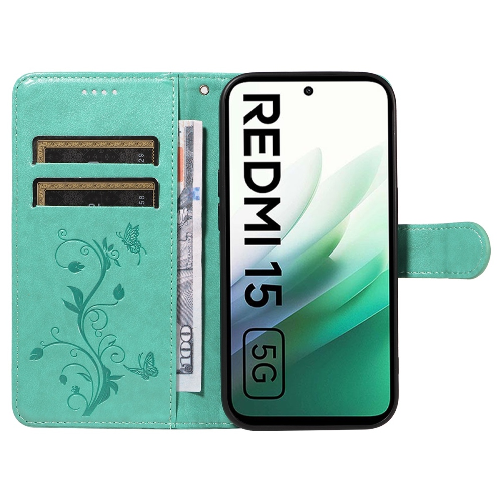 Flowery knížkové pouzdro na Xiaomi Redmi 15 4G (171mm) - modrozelené