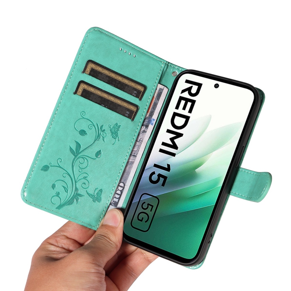 Flowery knížkové pouzdro na Xiaomi Redmi 15 4G (171mm) - modrozelené