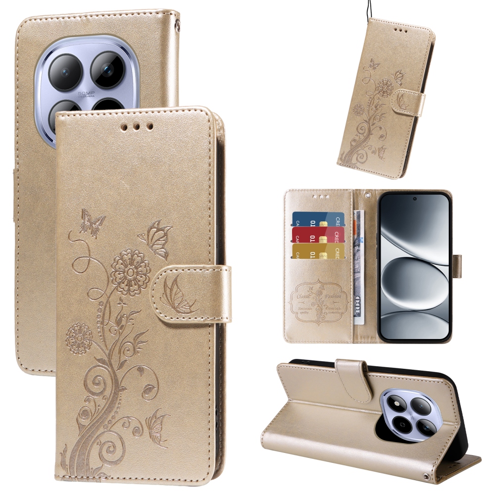 Flowery knížkové pouzdro na Xiaomi Redmi Note 15 Pro 4G - zlaté