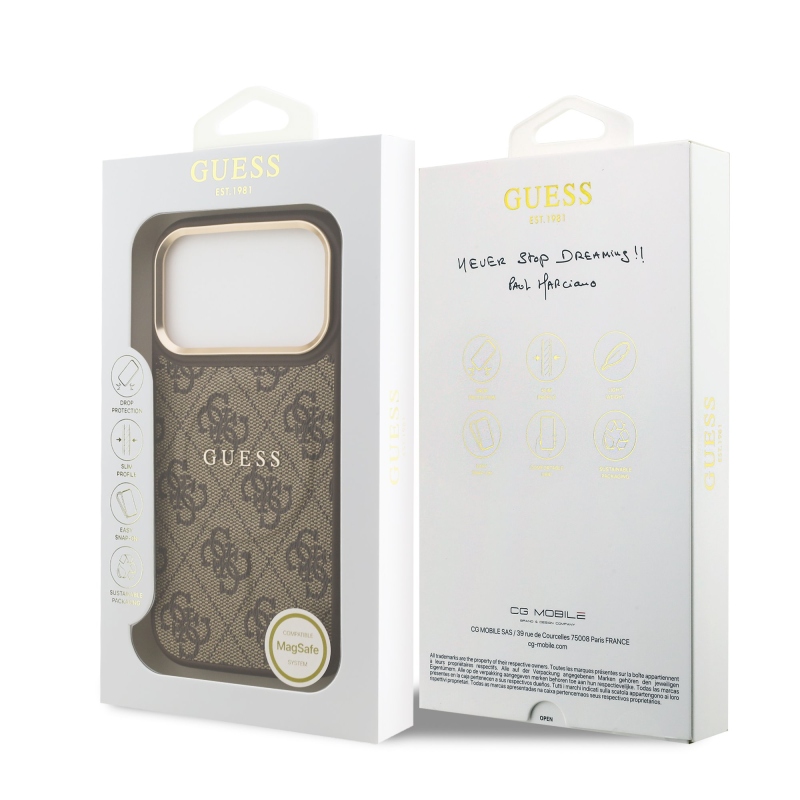 Guess PU Leather 4G Gold Frame MagSafe Zadní Kryt pro iPhone 17 Pro Brown