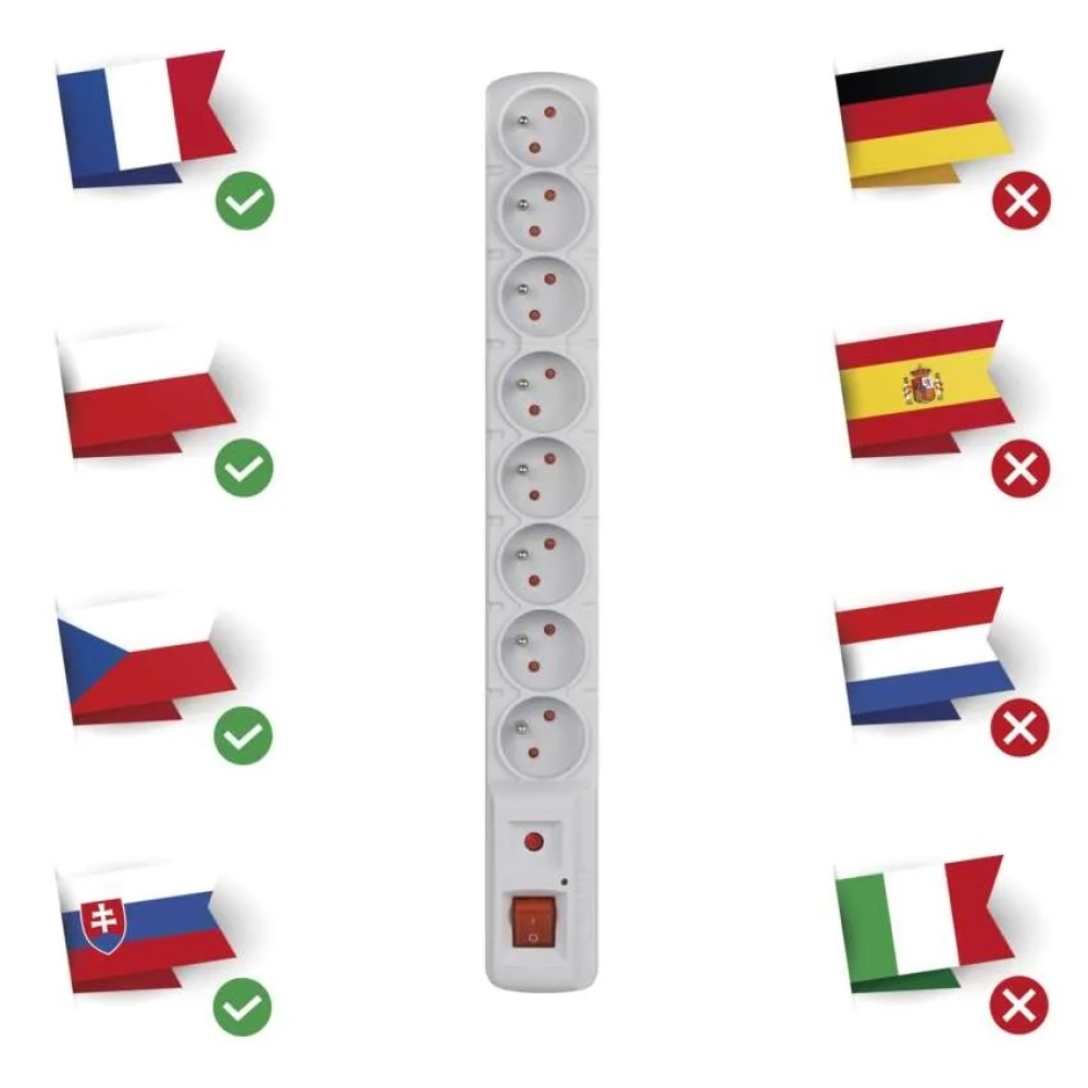 Přepěťová ochrana – 8 zásuvek 1,5m - šedá