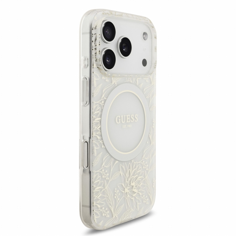 Guess IML Flowers Allover Strap MagSafe Zadní Kryt pro iPhone 18 Pro White