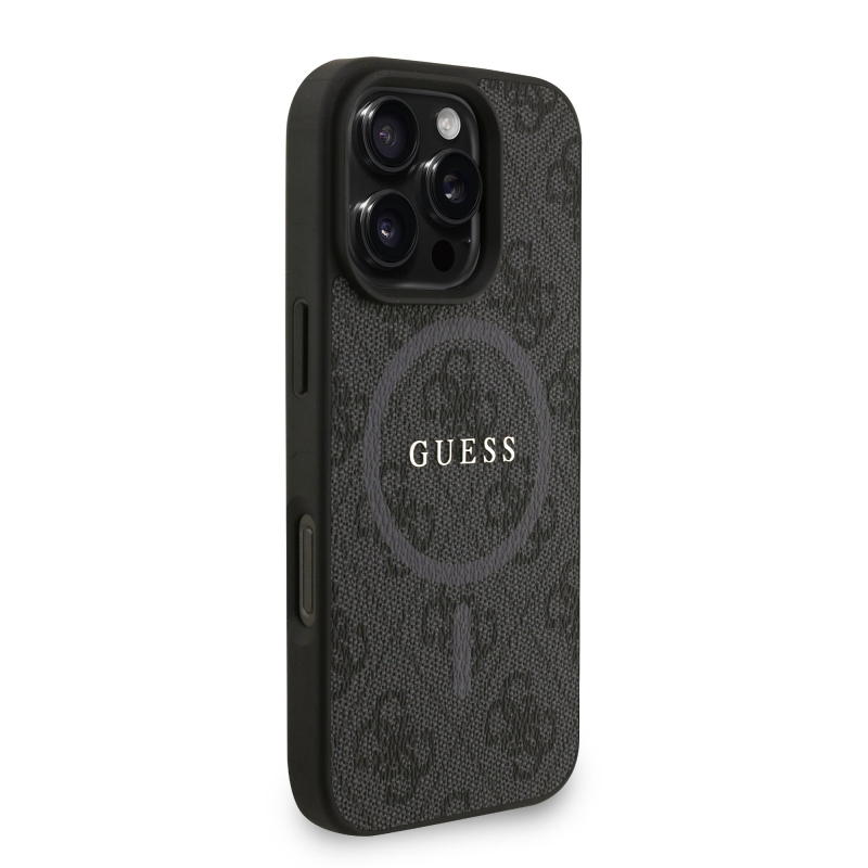 Guess PU Leather 4G Colored Ring Strap MagSafe Zadní Kryt pro iPhone 16 Pro Black
