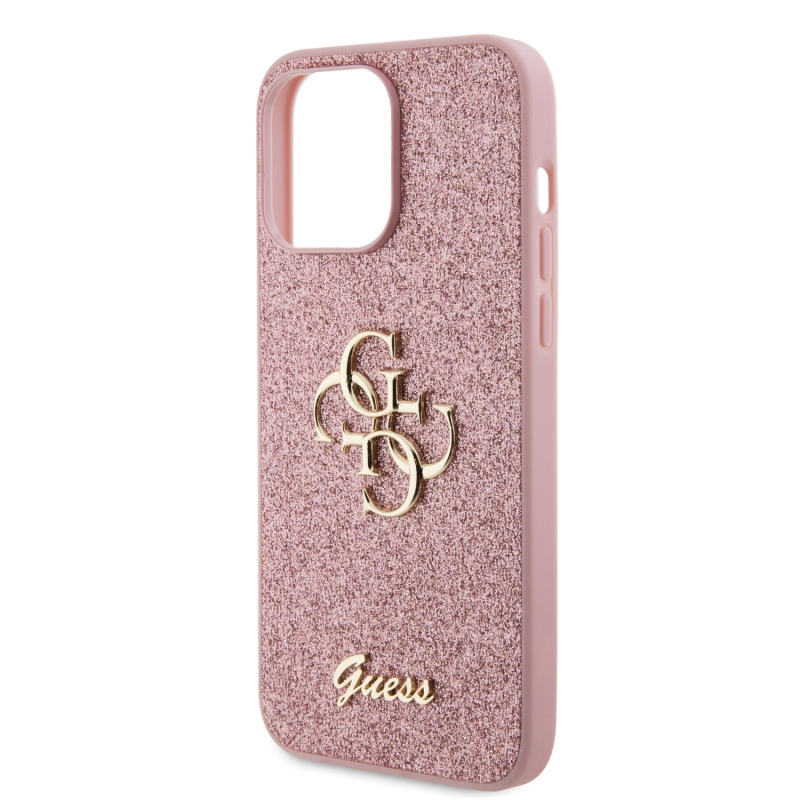 Guess PU Fixed Glitter 4G Metal Logo Zadní Kryt pro iPhone 15 Pro Max Pink