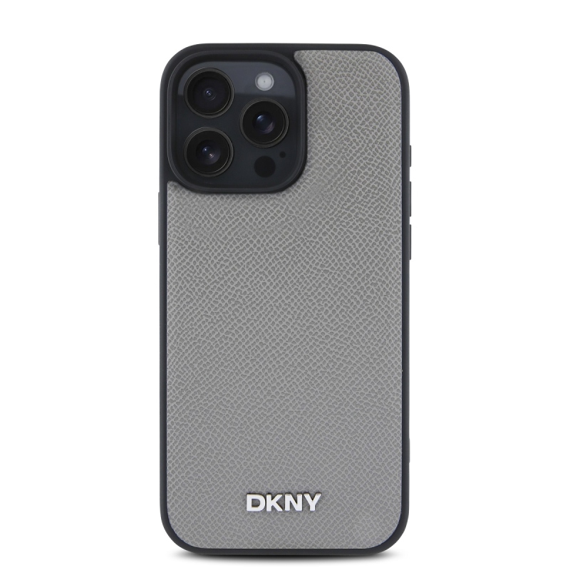DKNY PU Leather Silver Metal Logo Magsafe Zadní Kryt pro iPhone 16 Pro Max Grey