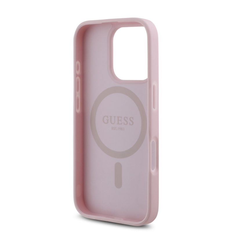 Guess PU Grained 4G Small Metal Logo MagSafe Zadní Kryt pro iPhone 16 Pro Pink
