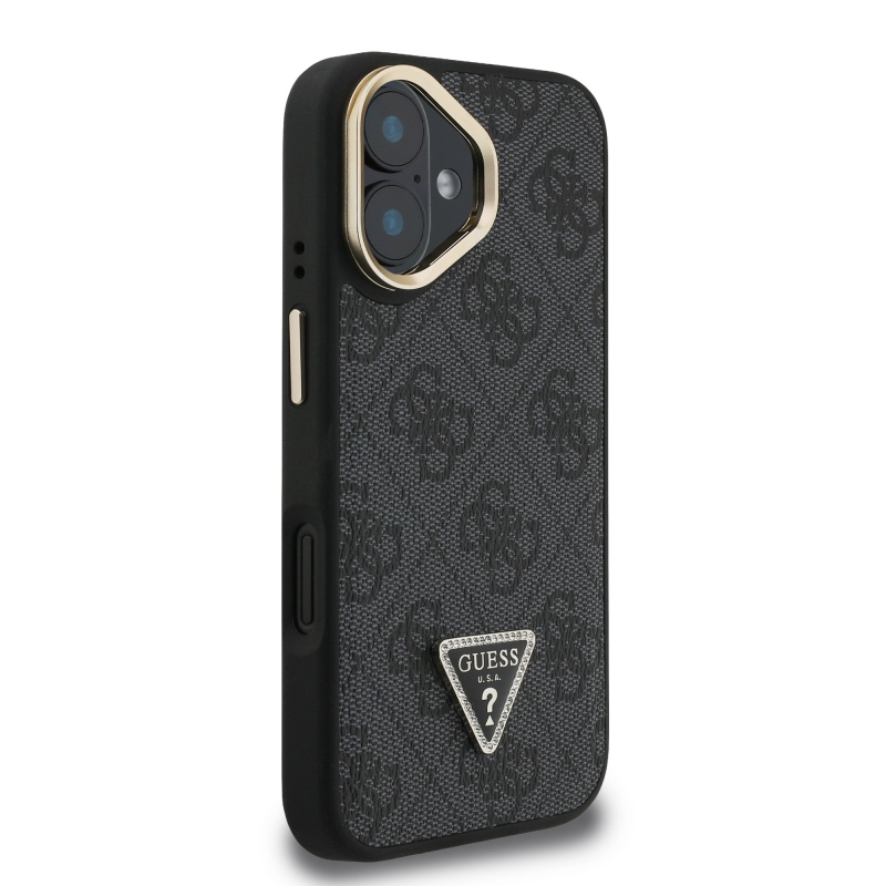 Guess PU 4G Strass Triangle Logo Stand Camera Frame MagSafe Zadní Kryt pro iPhone 16 Black