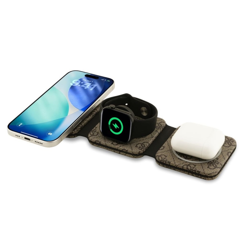 Guess PU 4G MagSafe Bezdrátová Nabíječka 3v1 Brown