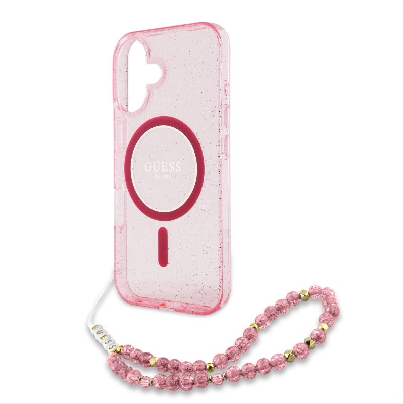 Guess IML Glitter Strap MagSafe Zadní Kryt pro iPhone 16 Plus Pink 