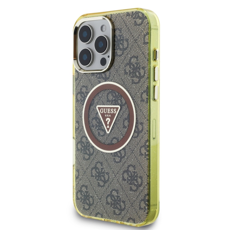 Guess IML 4G Glitter and Triangle Logo MagSafe Zadní Kryt pro iPhone 16 Pro Max Brown