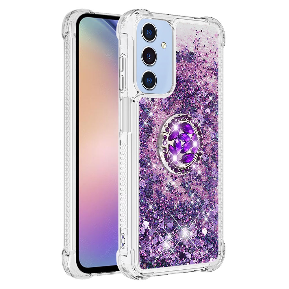 Glitt přesýpací gelový obal s kroužkem na prst na Samsung Galaxy A17 5G - tmavěfialový/srdíčka