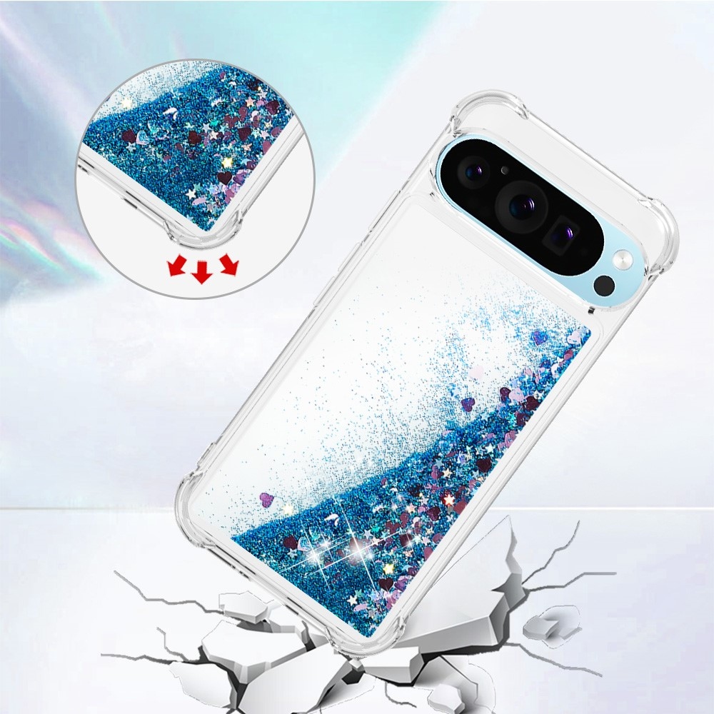 Glitter přesýpací gelový obal na Google Pixel 10 Pro/Pixel 10 - modrý/srdíčka