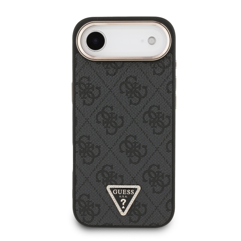 Guess PU Leather 4G Strass Triangle Logo Gold Frame MagSafe Zadní Kryt pro iPhone Air Black