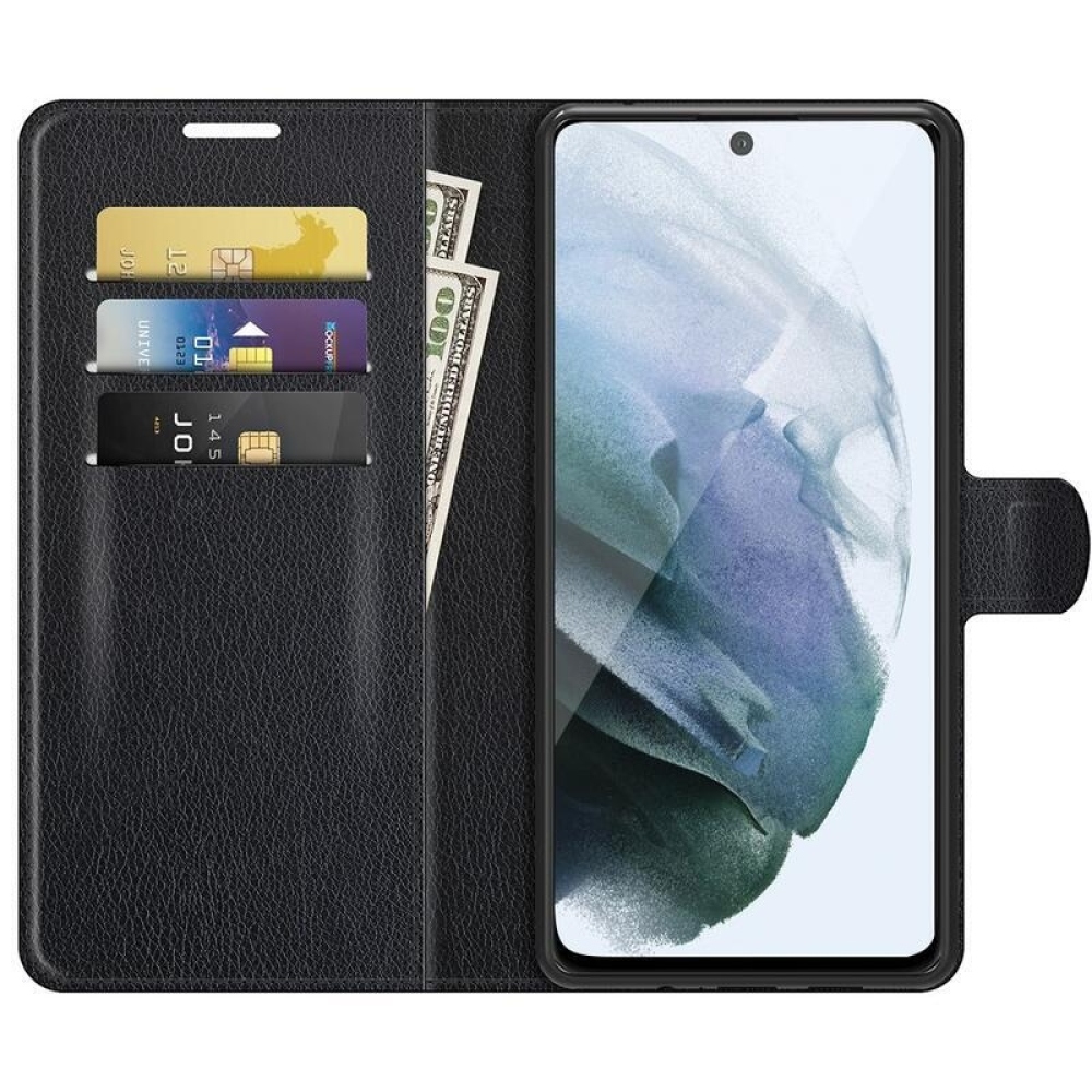 Litchi PU kožené peněženkové pouzdro na mobil Samsung Galaxy S21 FE 5G - černé