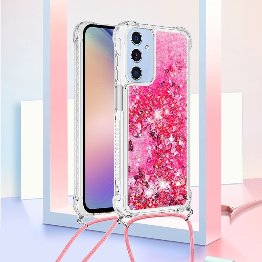 Glitters přesýpací gelový obal se šňůrkou na Samsung Galaxy A26 5G - růžový/srdíčka