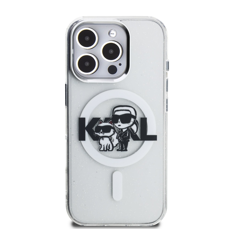 Karl Lagerfeld IML Glitter Karl and Choupette Sketch MagSafe Zadní Kryt pro iPhone 16 Pro Transparent