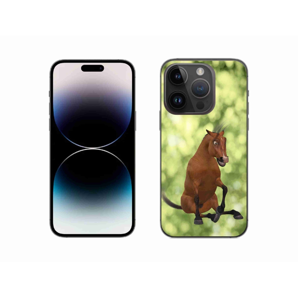 Gelový kryt mmCase na iPhone 14 Pro - hnědý kreslený kůň 1