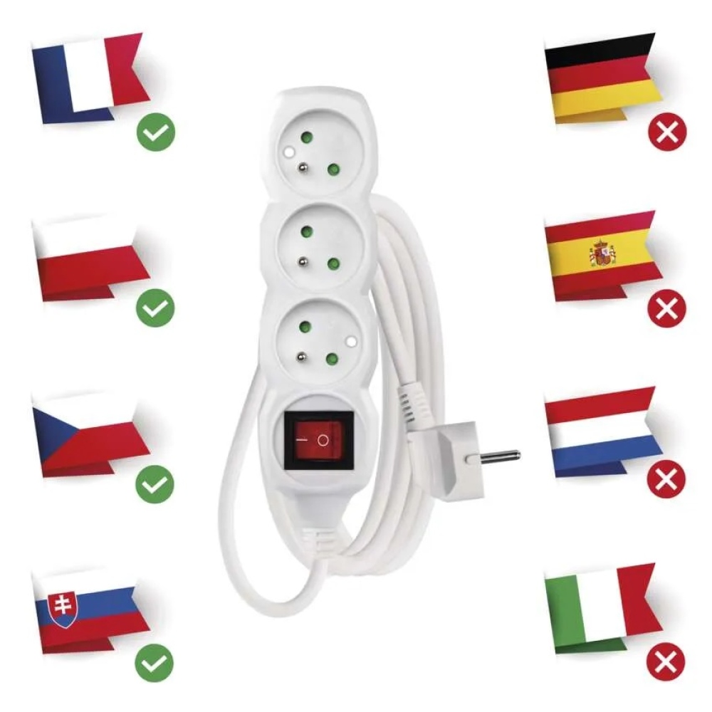 Prodlužovací kabel 2 m / 3 zásuvky / s vypínačem / bílý / PVC / 1 mm2