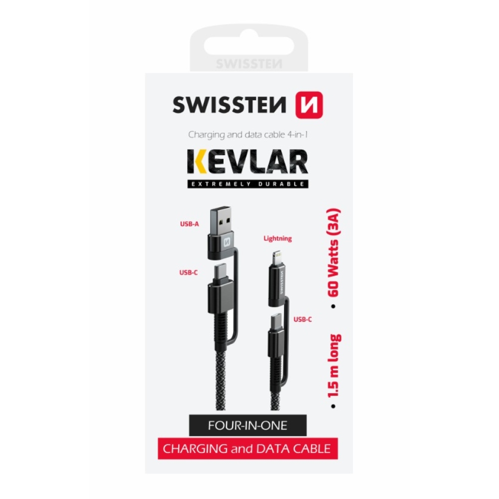 Swissten datový kabel Kevlar 4v1 3A 1,5m - antracitový