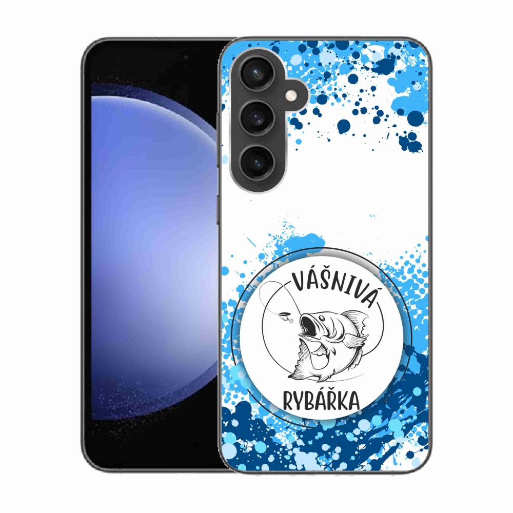 Gelový kryt mmCase na Samsung Galaxy S23 FE - vášnivá rybářka bílé pozadí