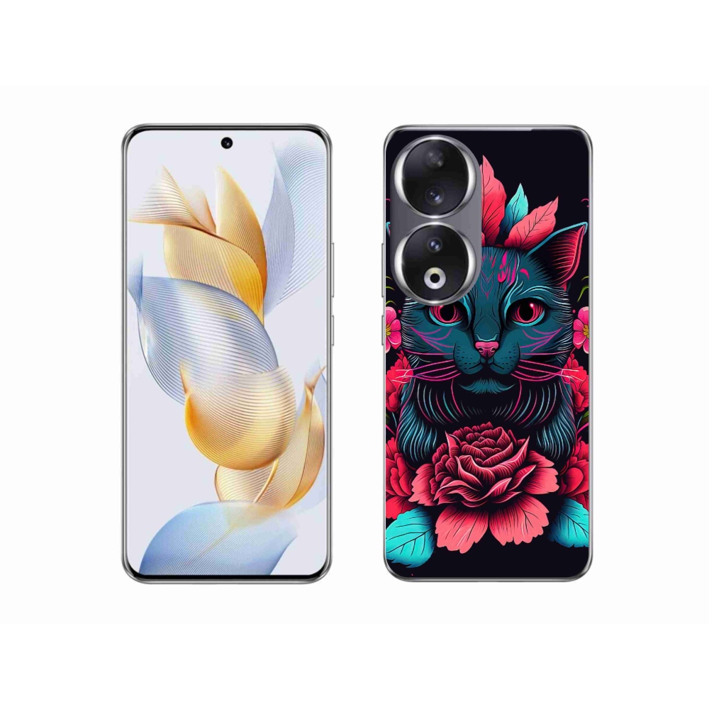 Gelový kryt mmCase na Honor 90 - květiny a kočka