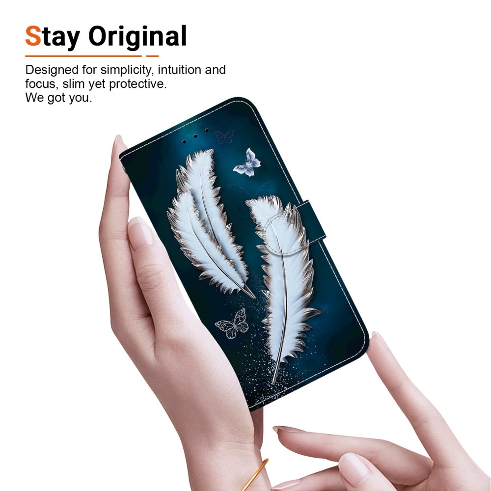 Versatile knížkové pouzdro na Samsung Galaxy A36 5G/A56 5G - bílá pírka