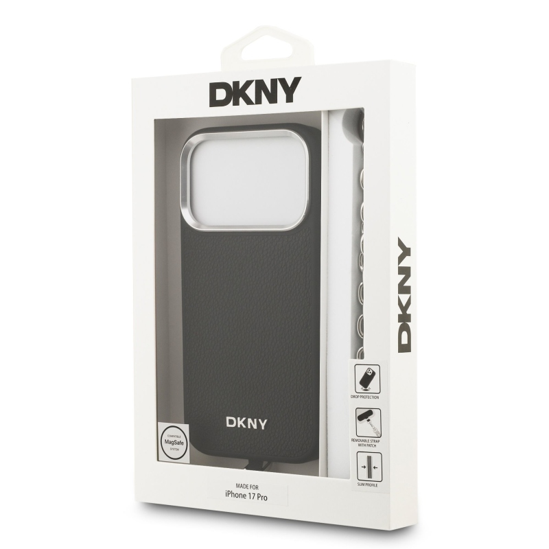 DKNY PU Leather Metal Logo Wrist Chain MagSafe Zadní Kryt pro iPhone 17 Pro Black