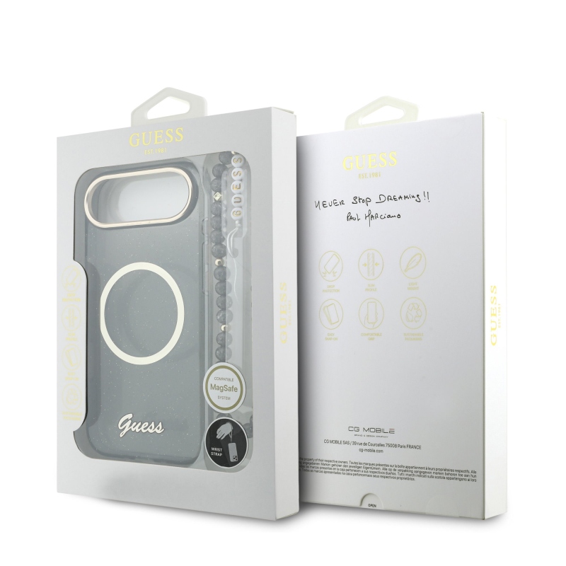 Guess IML Glitter Script Strap MagSafe Zadní Kryt pro iPhone Air Black