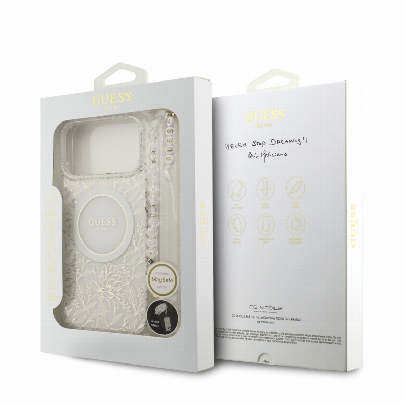 Guess IML Flowers Allover Strap MagSafe Zadní Kryt pro iPhone 18 Pro Max White