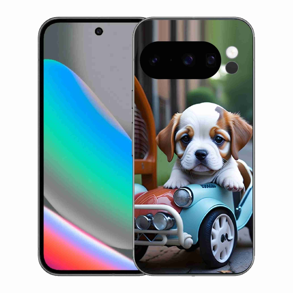 Gelový kryt mmCase na Google Pixel 10 Pro - štěně v retro autě