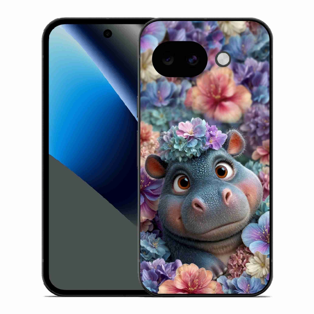 Gelový kryt mmCase na Google Pixel 10a - hrošík v květinách