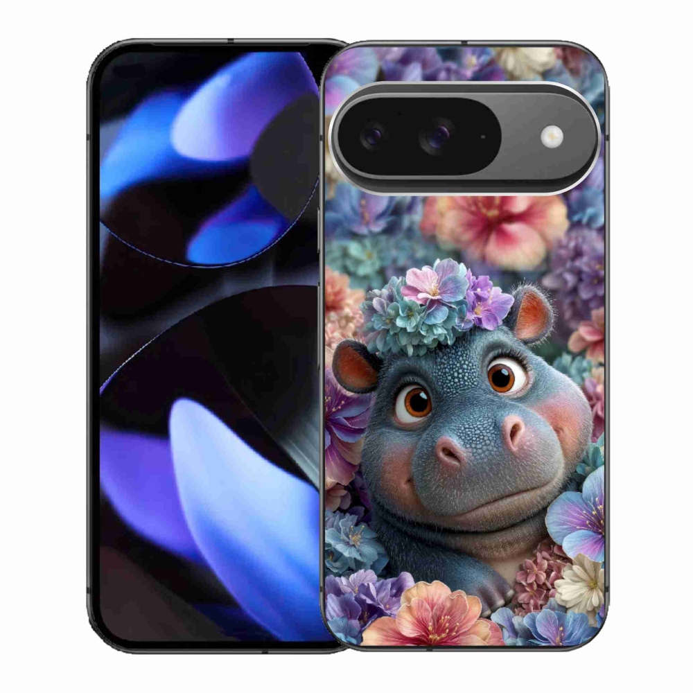 Gelový kryt mmCase na Google Pixel 9 - hrošík v květinách