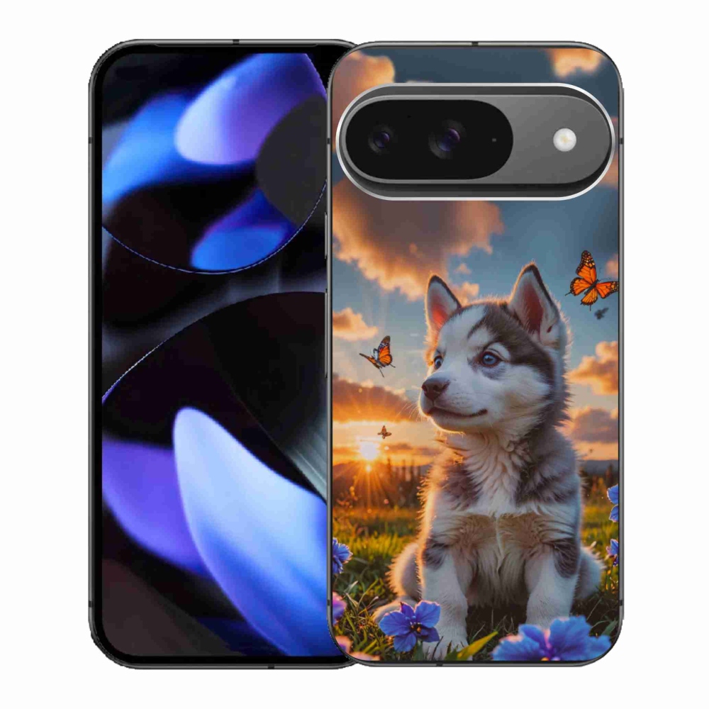 Gelový kryt mmCase na Google Pixel 9 - husky při západu slunce
