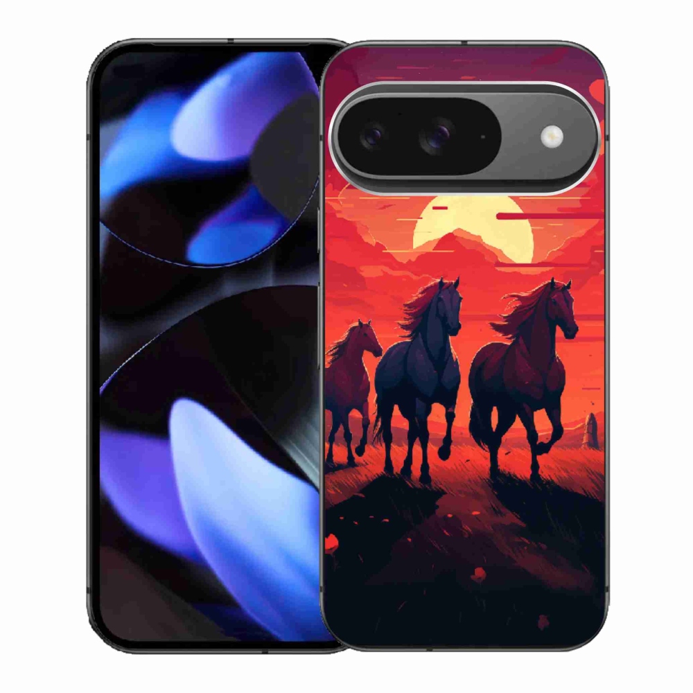 Gelový kryt mmCase na Google Pixel 9 - koně a západ slunce