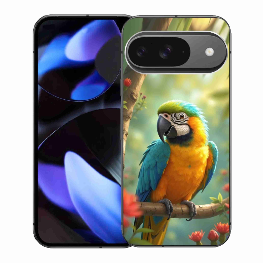 Gelový kryt mmCase na Google Pixel 9 - papoušek ara modrožlutá