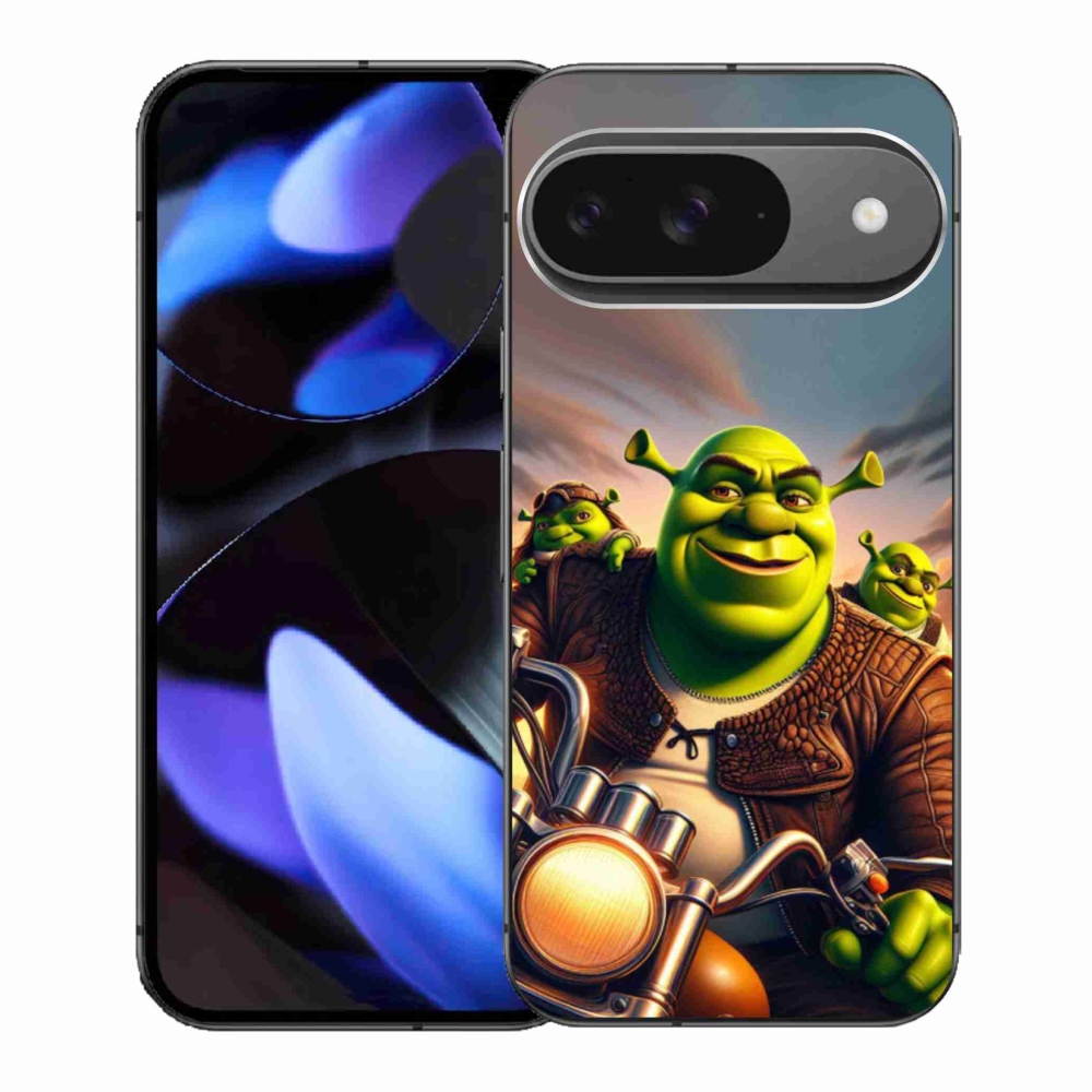 Gelový kryt mmCase na Google Pixel 9 - shrek na motorce