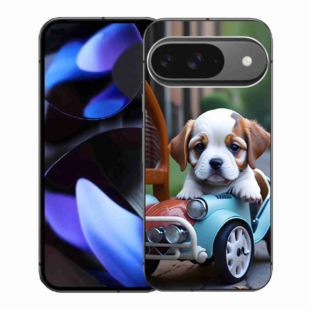 Gelový kryt mmCase na Google Pixel 9 - štěně v retro autě
