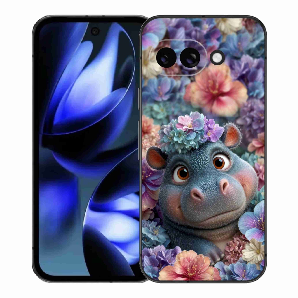 Gelový kryt mmCase na Google Pixel 9a - hrošík v květinách