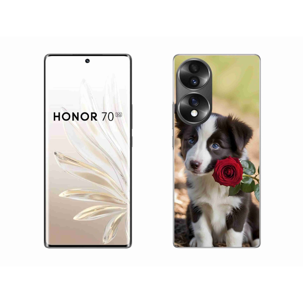 Gelový kryt mmCase na Honor 70 - roztomilá border kolie s růží